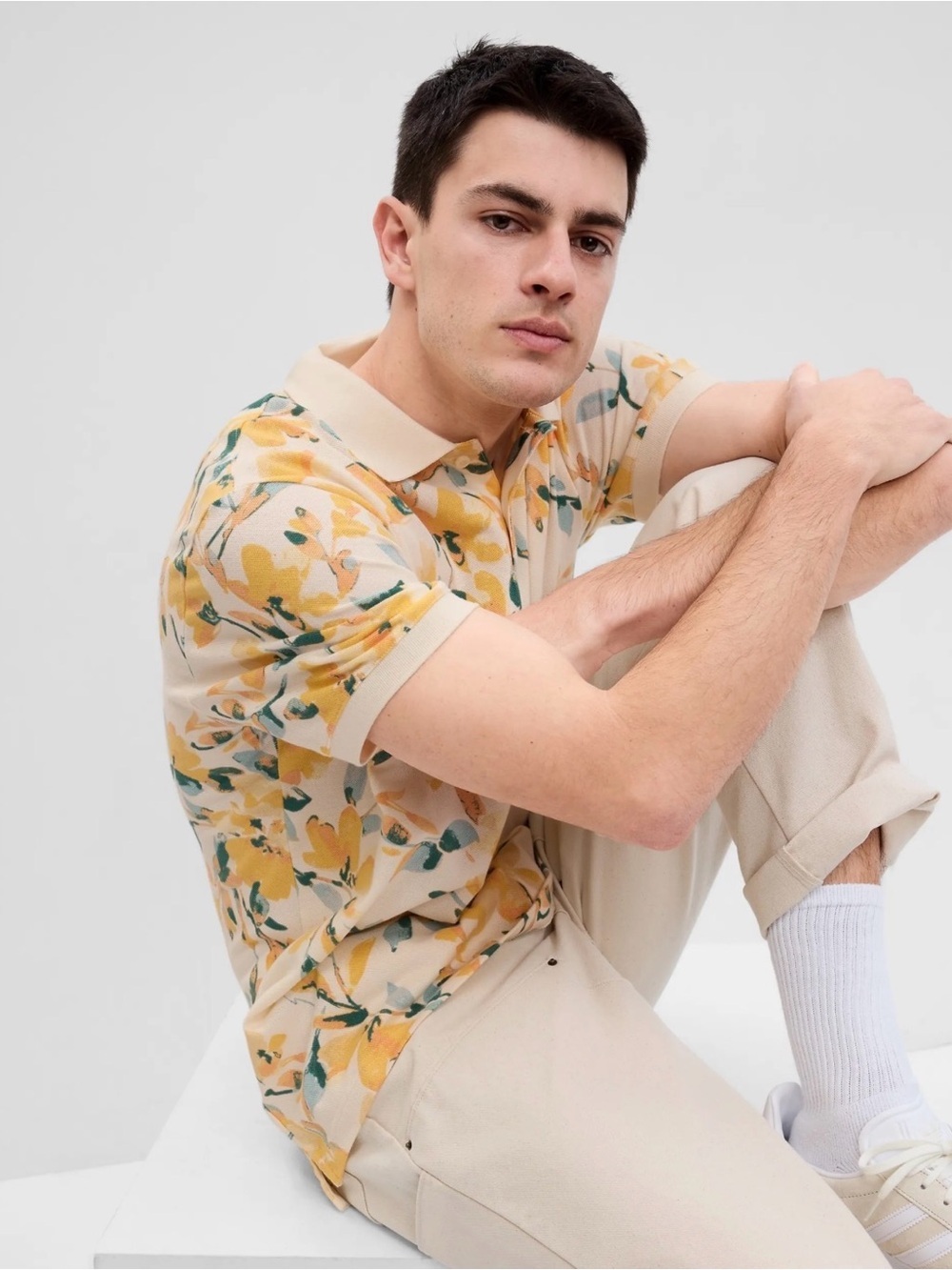 NWT Gap Pique Polo Shirt Tropical Floral Yellow Cream Short Sleeve Top Sz XL
